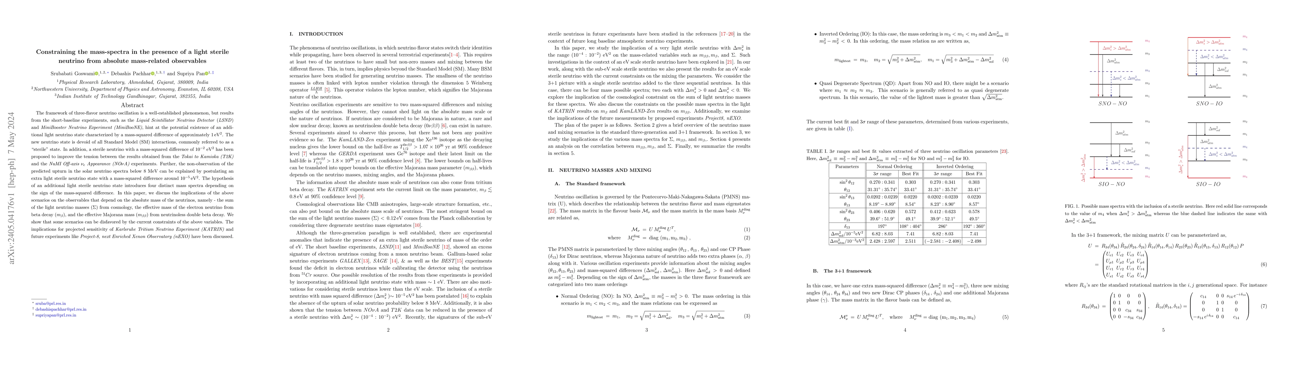 Thumbnail for Constraining the mass-spectra in the presence of a light sterile
  neutrino from absolute mass-related observables