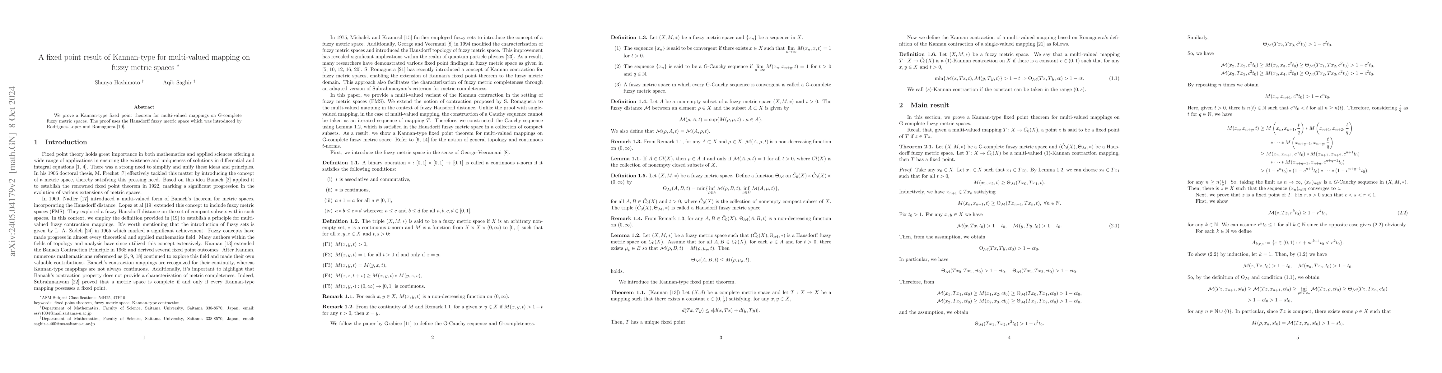 Thumbnail for A fixed point results of Kannan-type for multi-valued mapping on fuzzy
  metric spaces