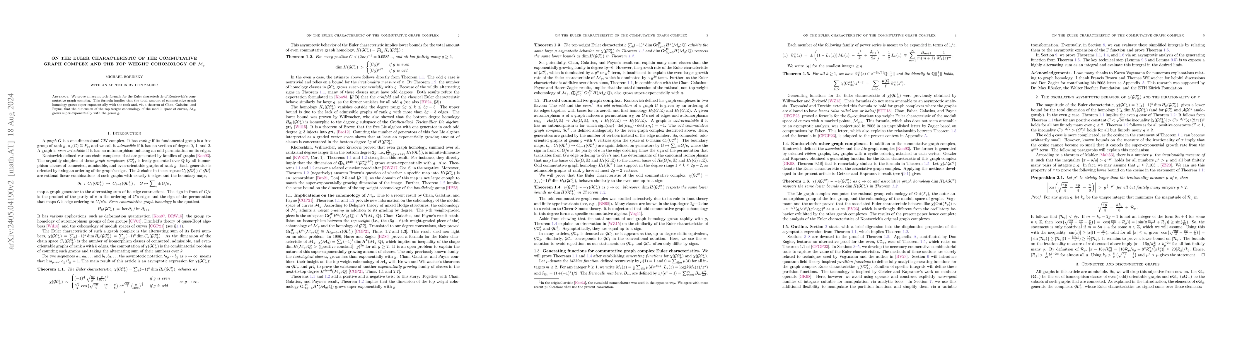 Thumbnail for On the Euler characteristic of the commutative graph complex and the top
  weight cohomology of $\mathcal M_g$