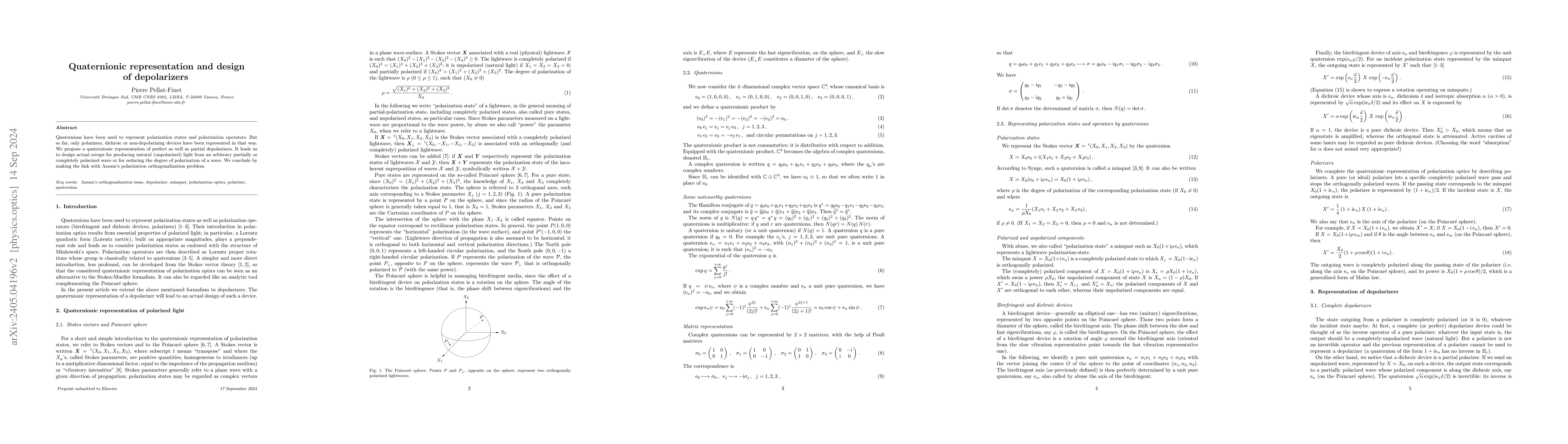 Thumbnail for Quaternionic representation and design of depolarizers