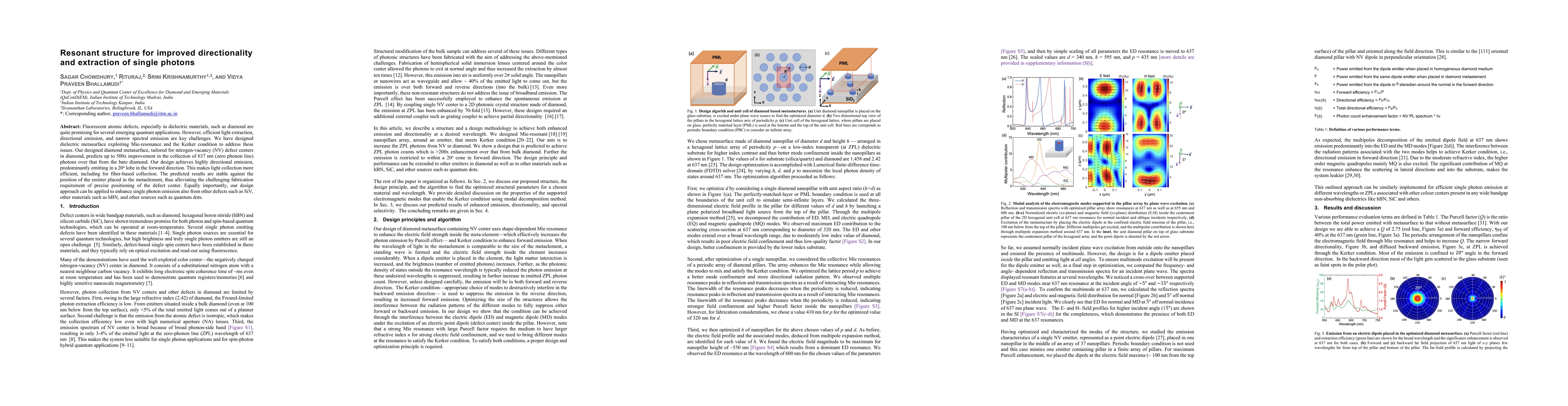 Thumbnail for Resonant structure for improved directionality and extraction of single
  photons