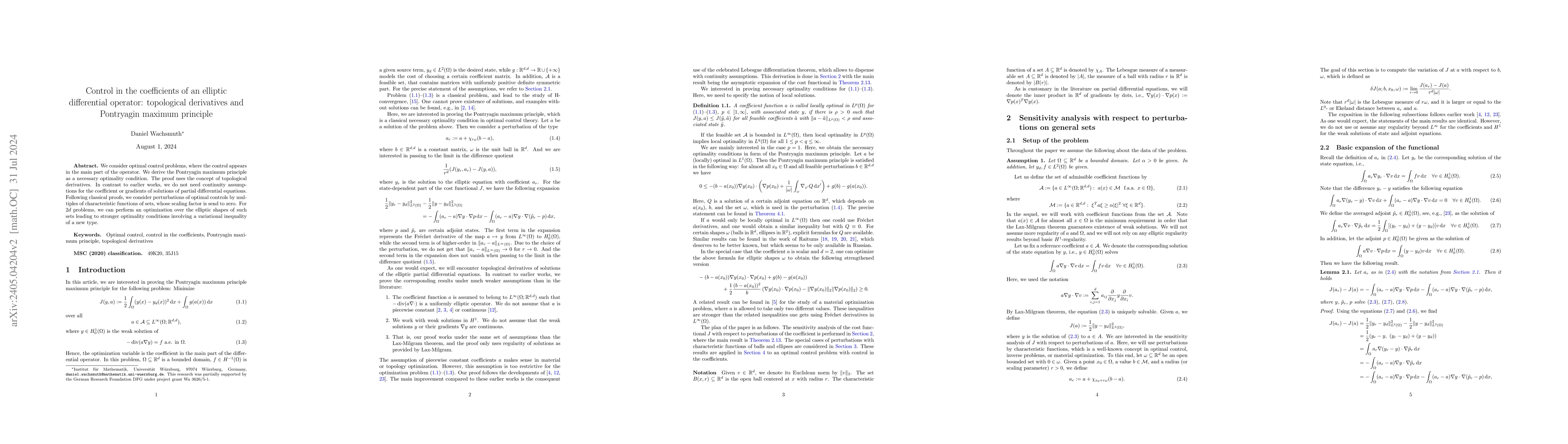 Thumbnail for Control in the coefficients of an elliptic differential operator:
  topological derivatives and Pontryagin maximum principle