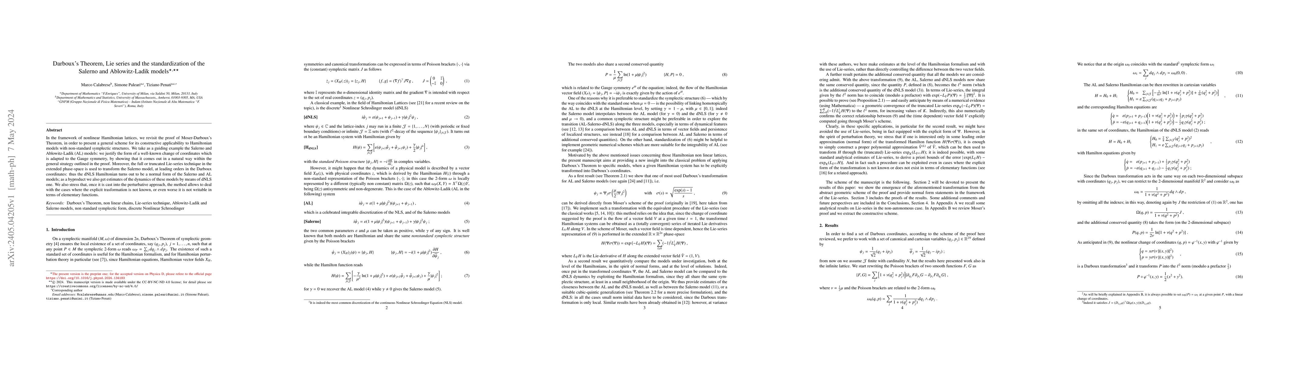Thumbnail for Darboux's Theorem, Lie series and the standardization of the Salerno and
  Ablowitz-Ladik models