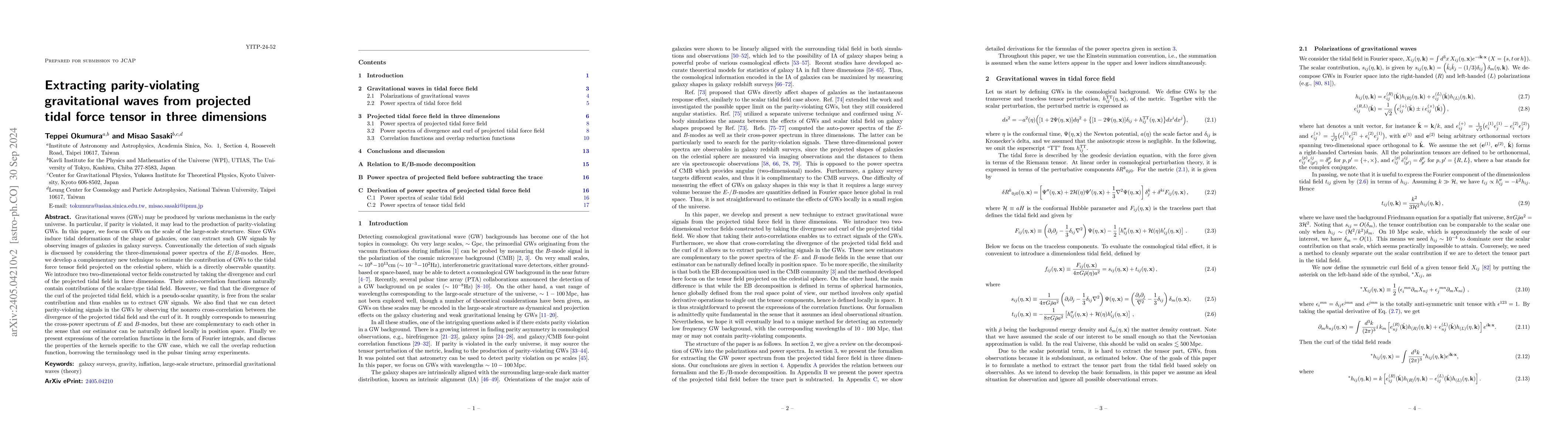 Thumbnail for Extracting parity-violating gravitational waves from projected tidal
  force tensor in three dimensions