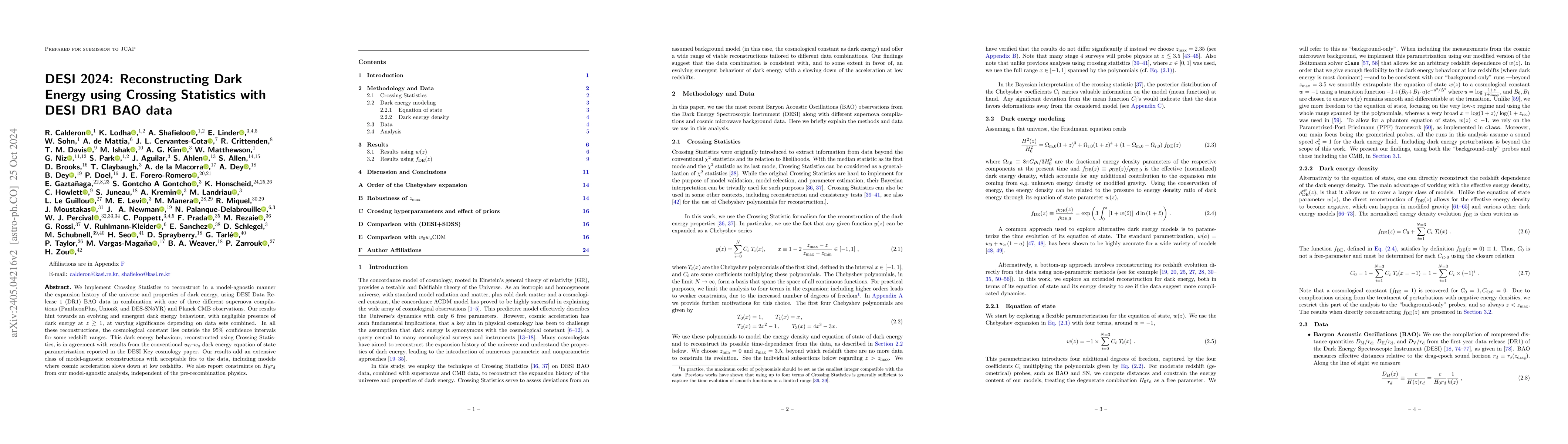 Thumbnail for DESI 2024: Reconstructing Dark Energy using Crossing Statistics with
  DESI DR1 BAO data