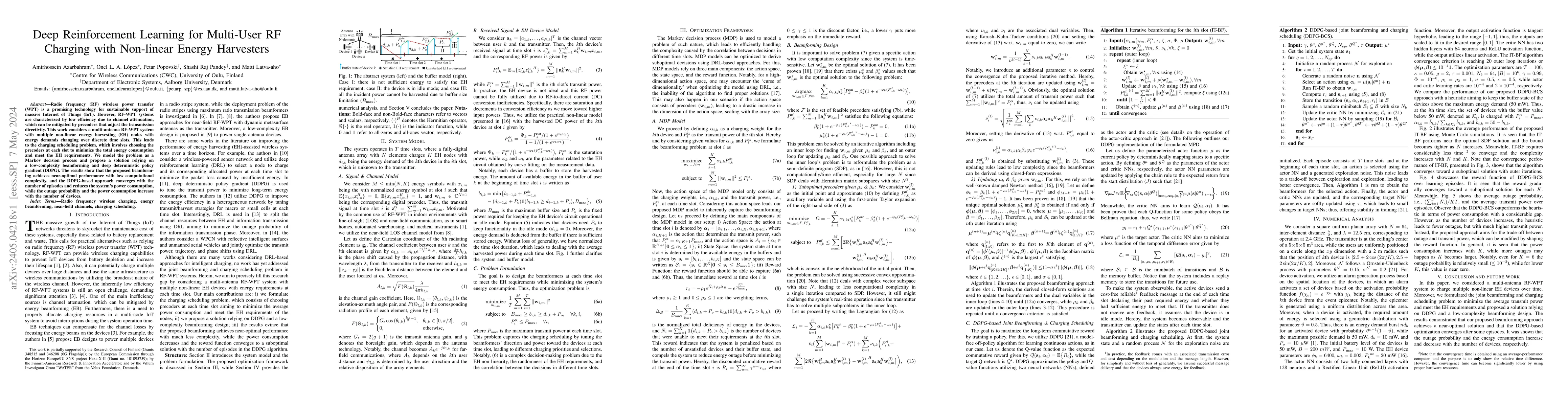 Thumbnail for Deep Reinforcement Learning for Multi-User RF Charging with Non-linear
  Energy Harvesters