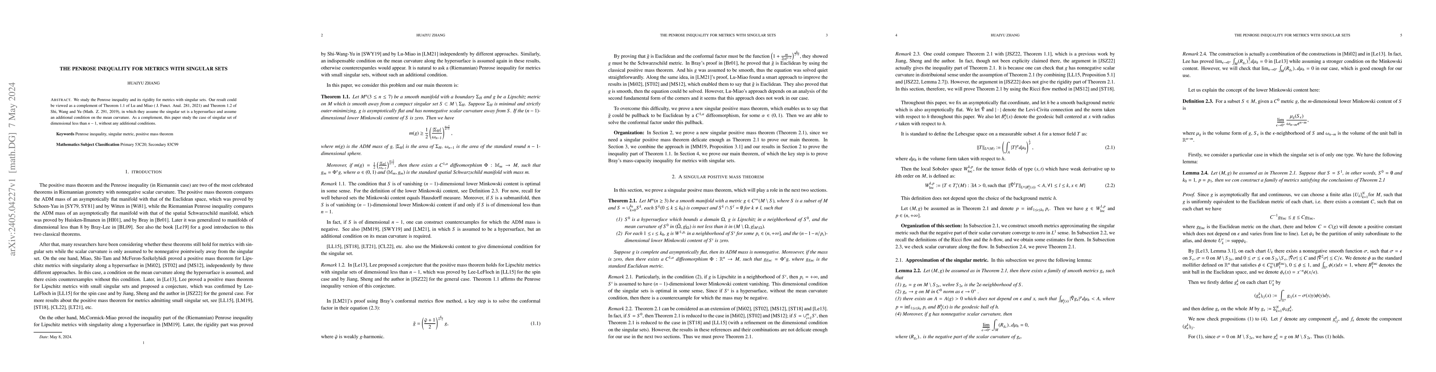 Thumbnail for The Penrose Inequality for Metrics with Singular Sets