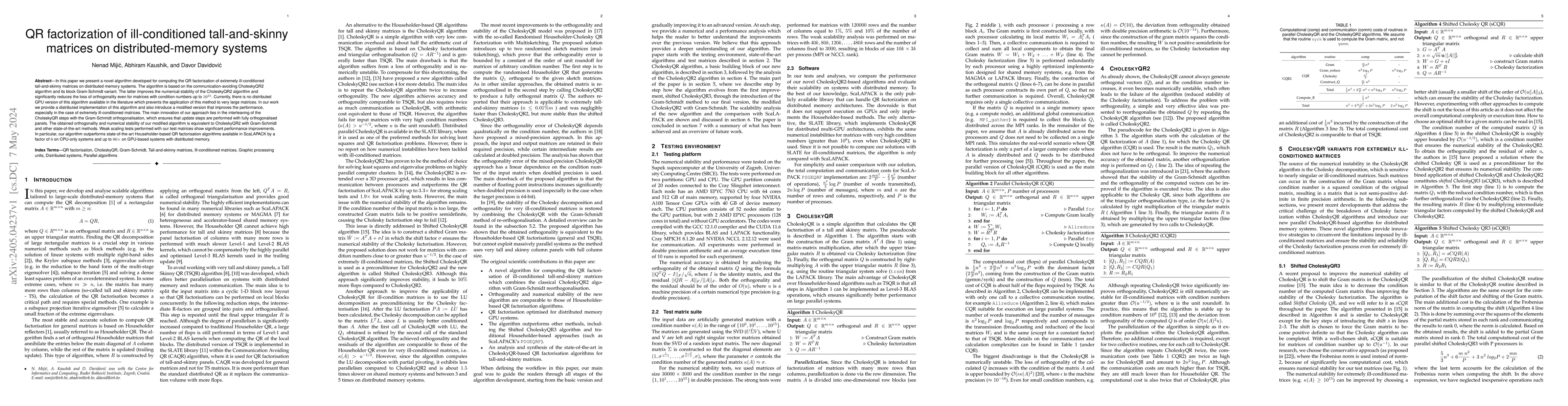 Thumbnail for QR factorization of ill-conditioned tall-and-skinny matrices on
  distributed-memory systems