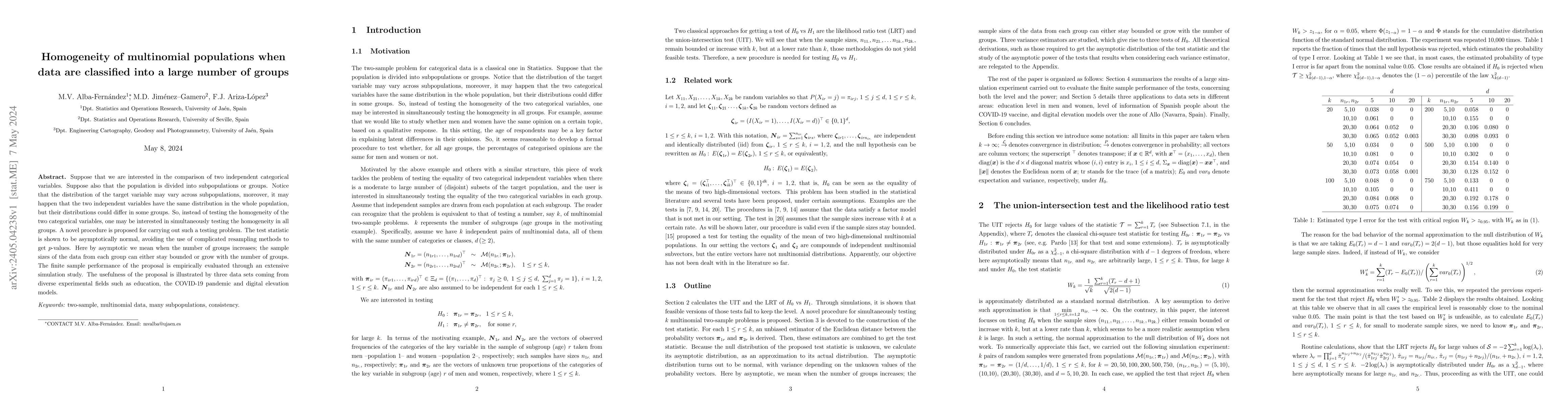 Thumbnail for Homogeneity of multinomial populations when data are classified into a
  large number of groups
