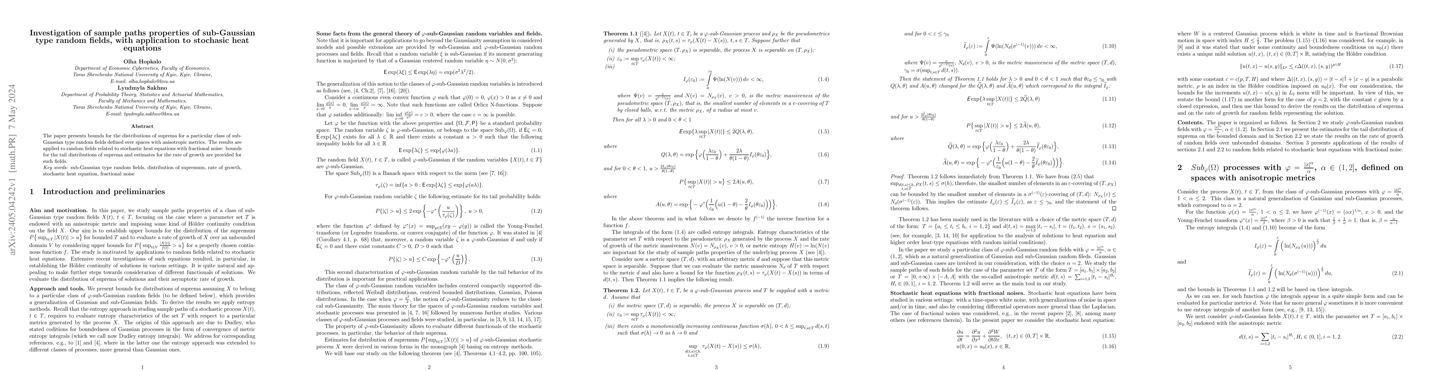 Thumbnail for Investigation of sample paths properties of sub-Gaussian type random
  fields, with application to stochasic heat equations