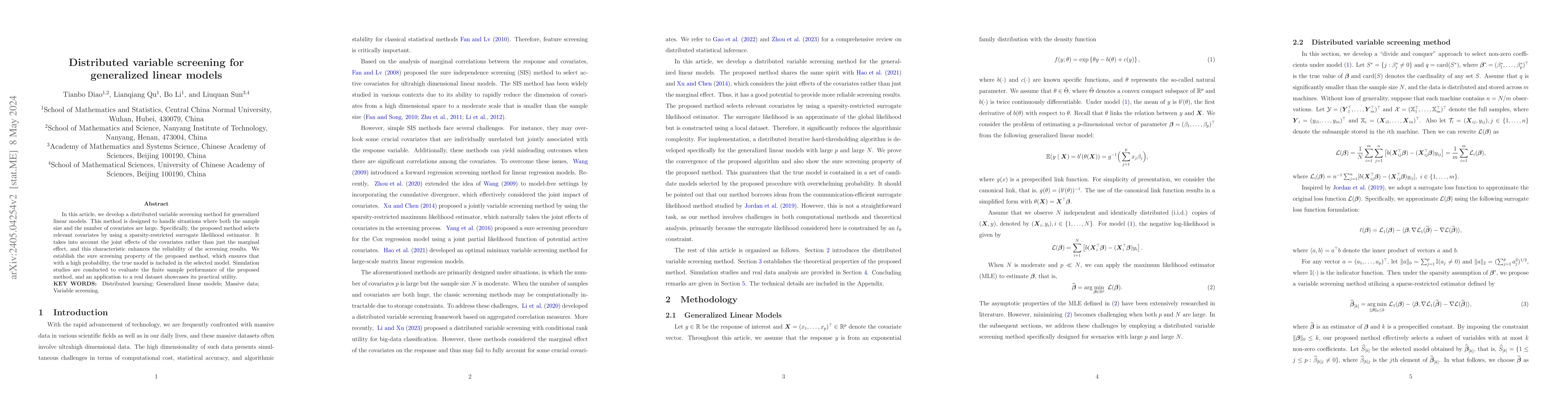 Thumbnail for Distributed variable screening for generalized linear models