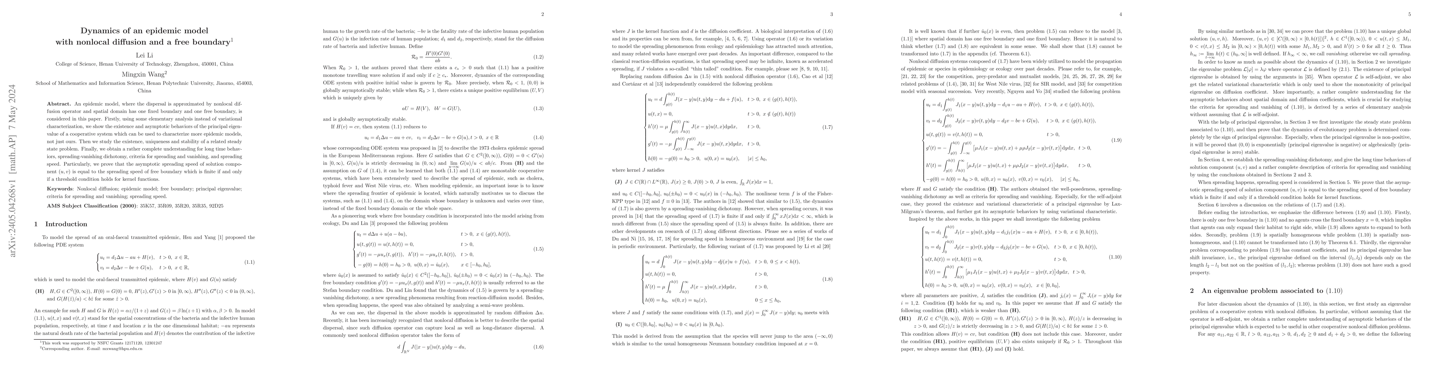 Thumbnail for Dynamics of an epidemic model with nonlocal di?usion and a free boundary