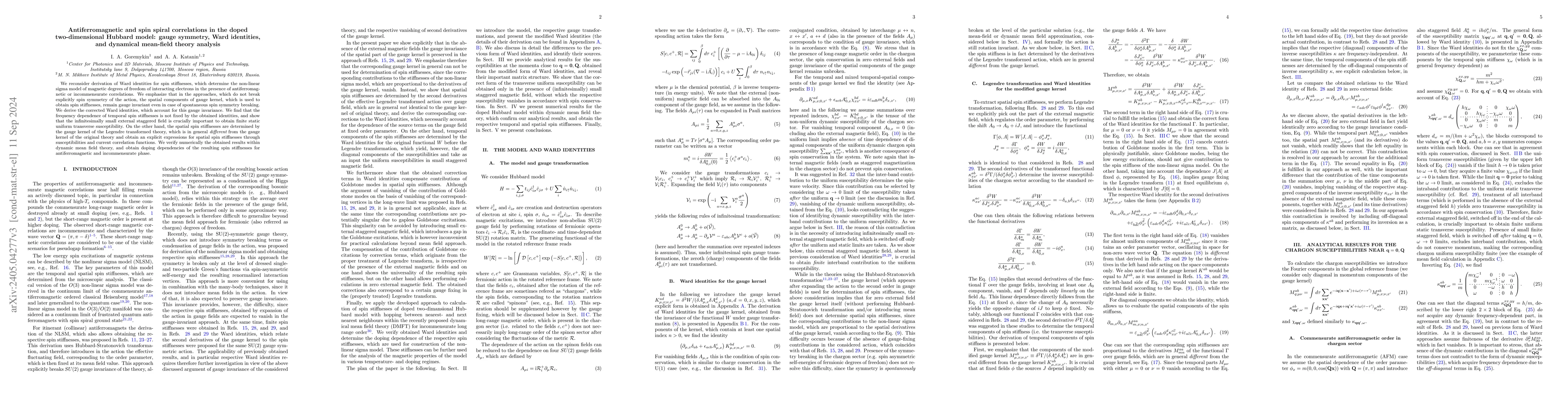 Thumbnail for Antiferromagnetic and spin spiral correlations in the doped
  two-dimensional Hubbard model: gauge symmetry, Ward identities, and dynamical
  mean-field theory analysis