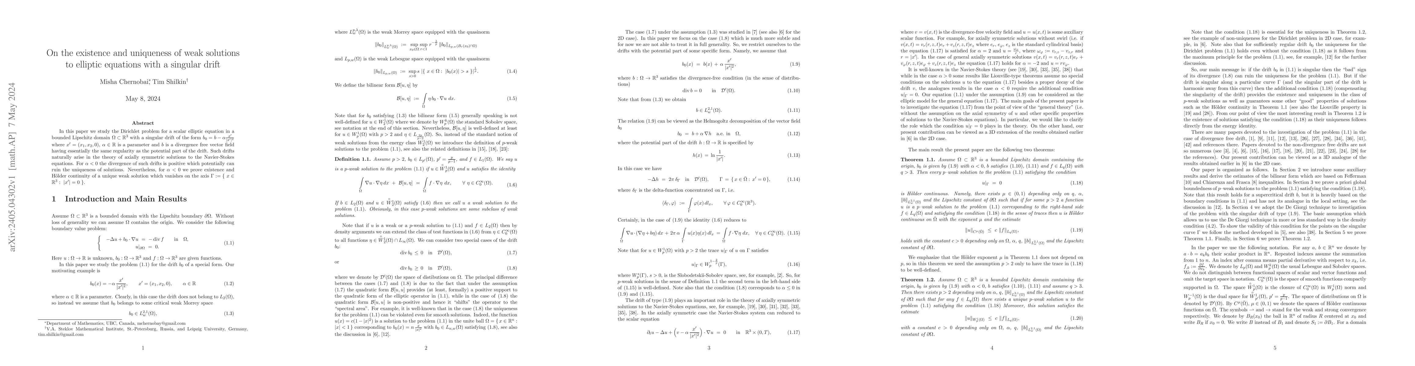 Thumbnail for On the existence and uniqueness of weak solutions to elliptic equations
  with a singular drift