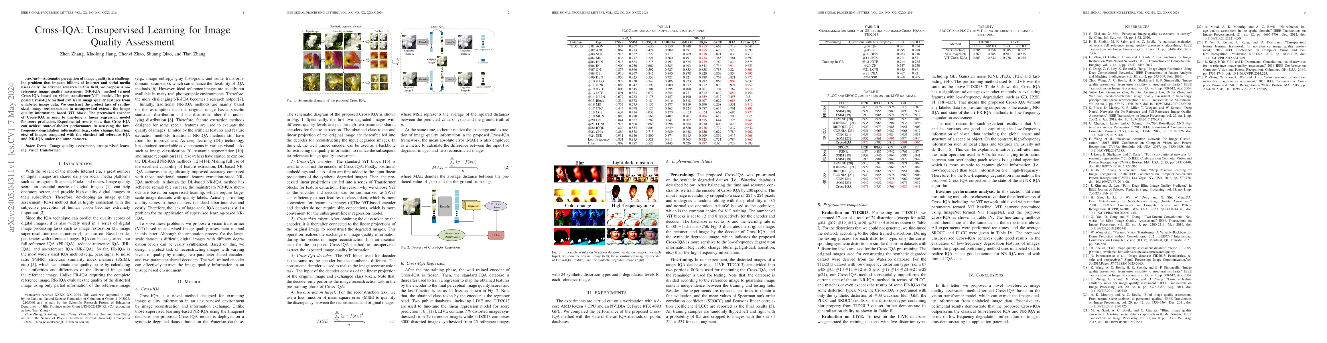 Thumbnail for Cross-IQA: Unsupervised Learning for Image Quality Assessment