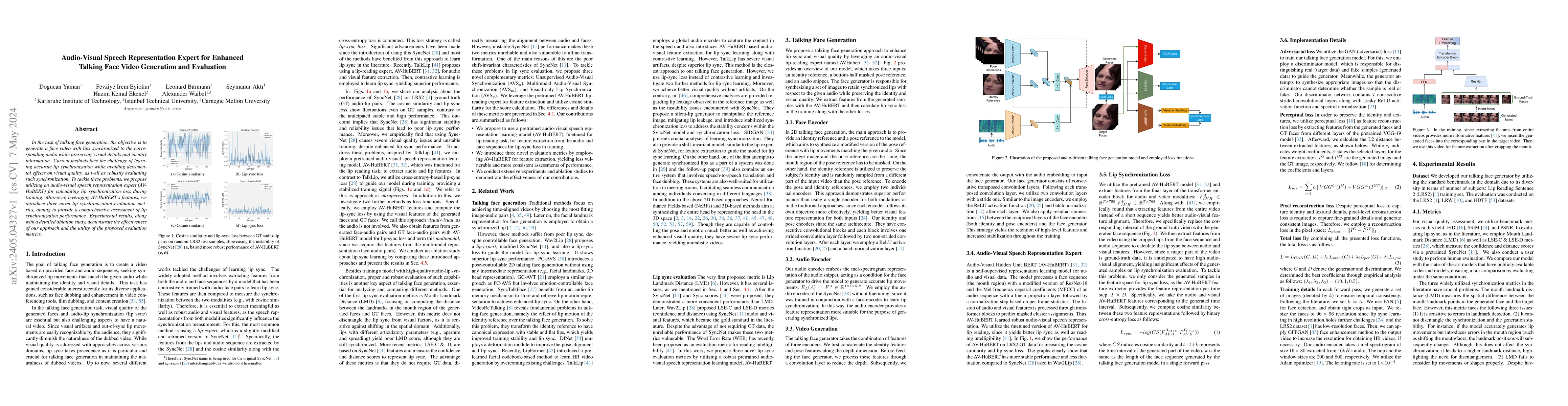 Thumbnail for Audio-Visual Speech Representation Expert for Enhanced Talking Face
  Video Generation and Evaluation