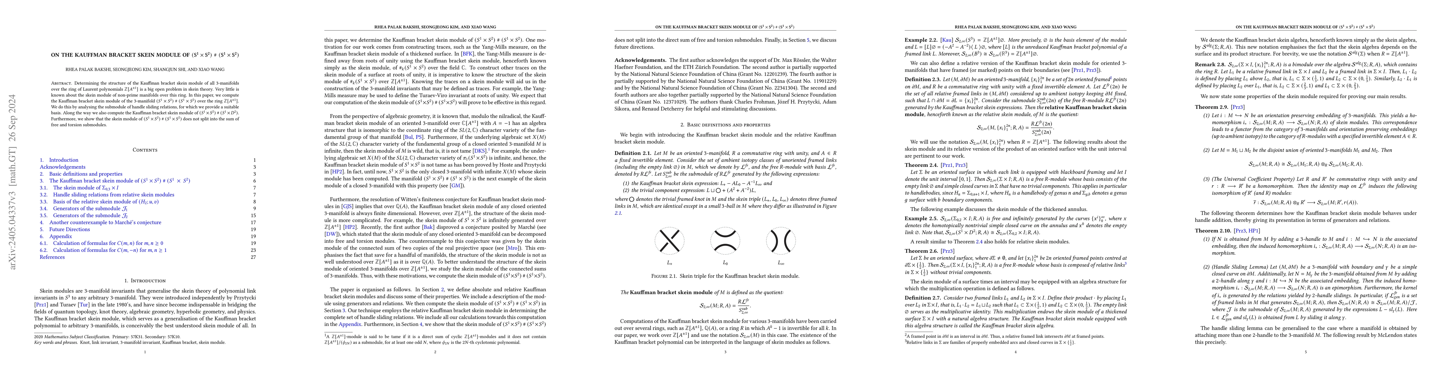 Thumbnail for On the Kauffman bracket skein module of $(S^1 \times S^2) \ \# \ (S^1
  \times S^2)$