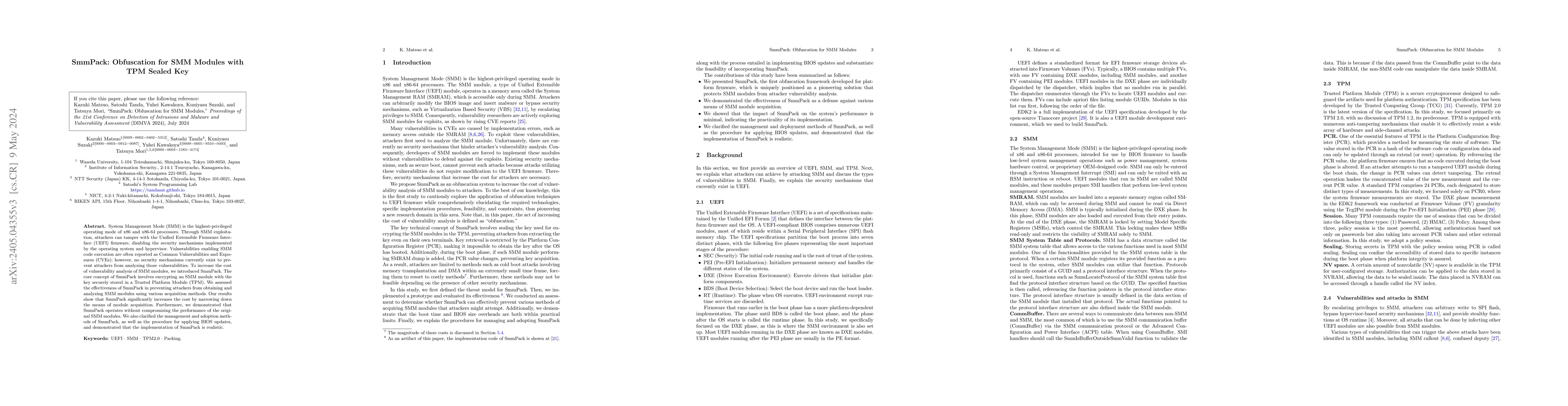 Thumbnail for SmmPack: Obfuscation for SMM Modules with TPM Sealed Key