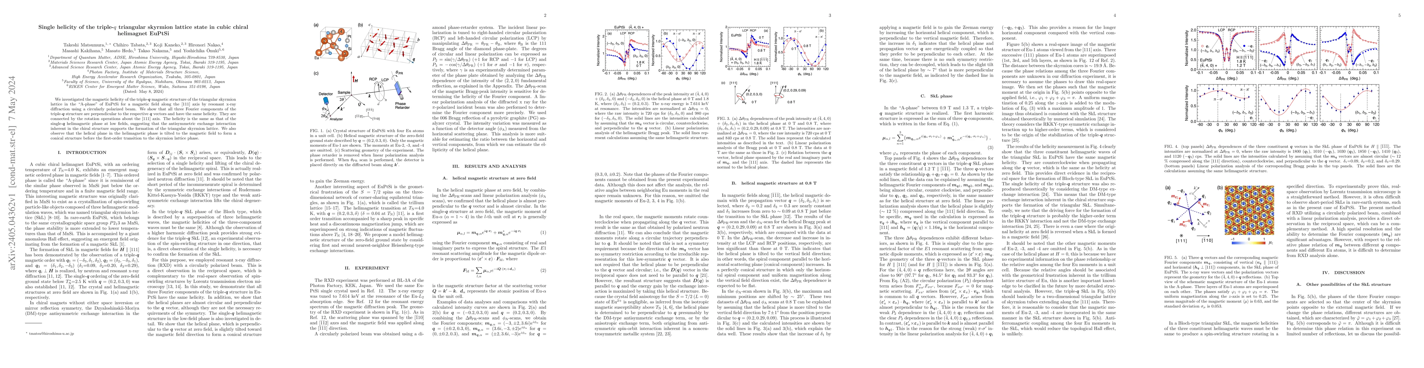 Thumbnail for Single helicity of the triple-$q$ triangular skyrmion lattice state in
  cubic chiral helimagnet EuPtSi