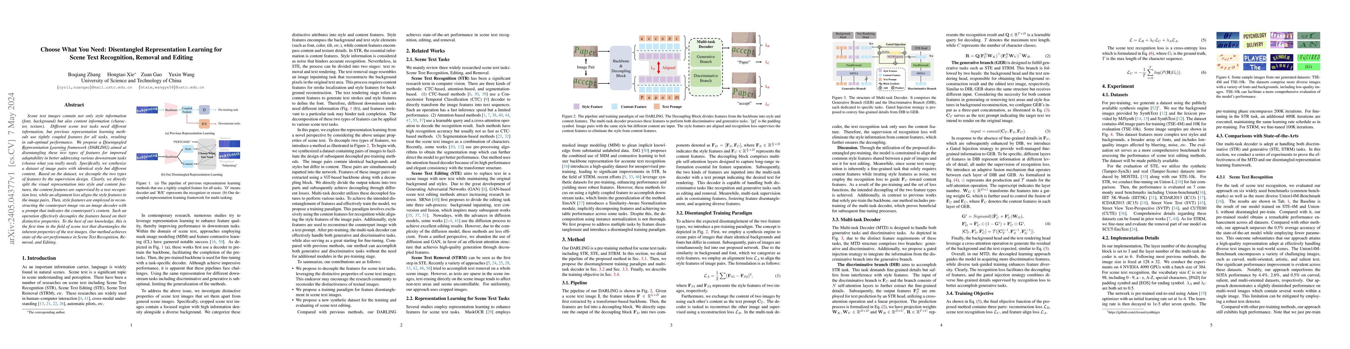 Thumbnail for Choose What You Need: Disentangled Representation Learning for Scene
  Text Recognition, Removal and Editing