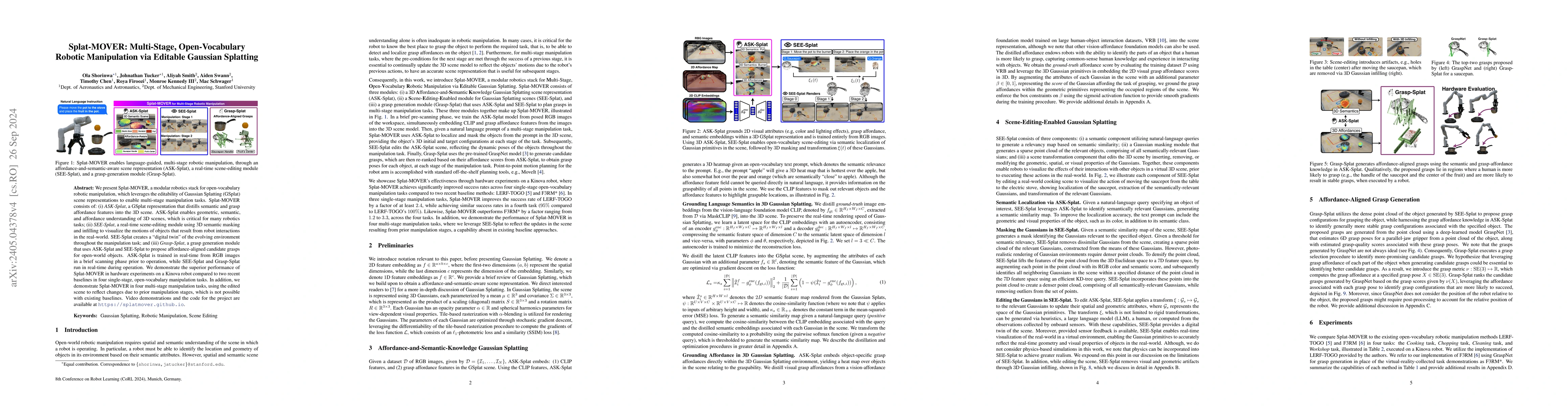 Thumbnail for Splat-MOVER: Multi-Stage, Open-Vocabulary Robotic Manipulation via
  Editable Gaussian Splatting