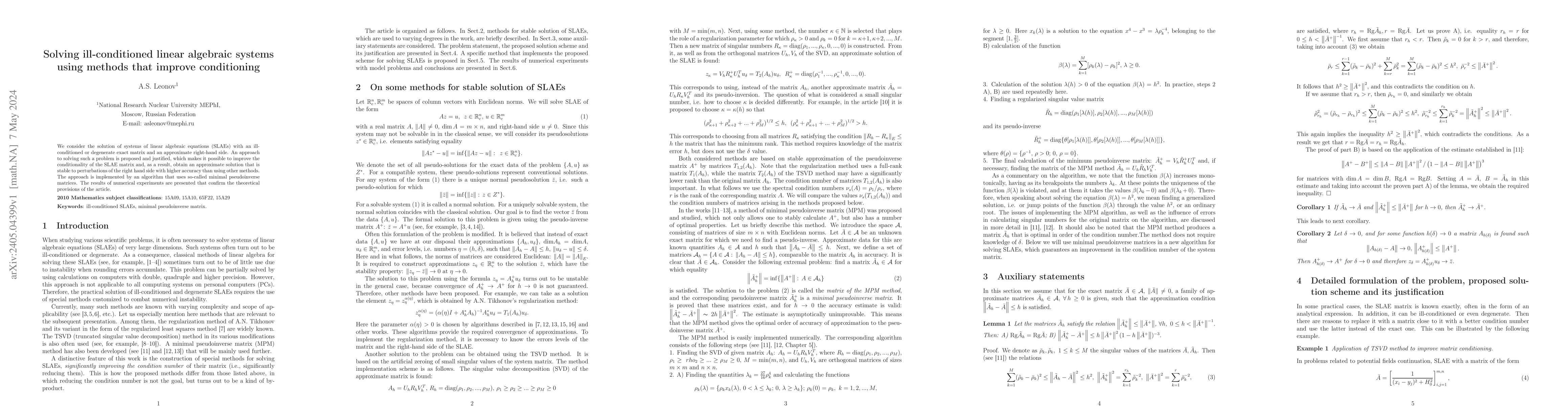 Thumbnail for Solving ill-conditioned linear algebraic systems using methods that
  improve conditioning