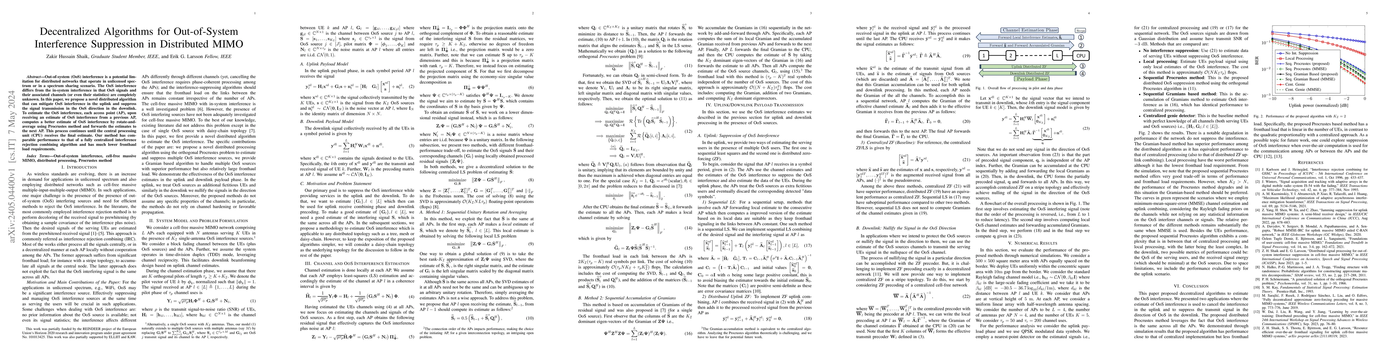 Thumbnail for Decentralized Algorithms for Out-of-System Interference Suppression in
  Distributed MIMO