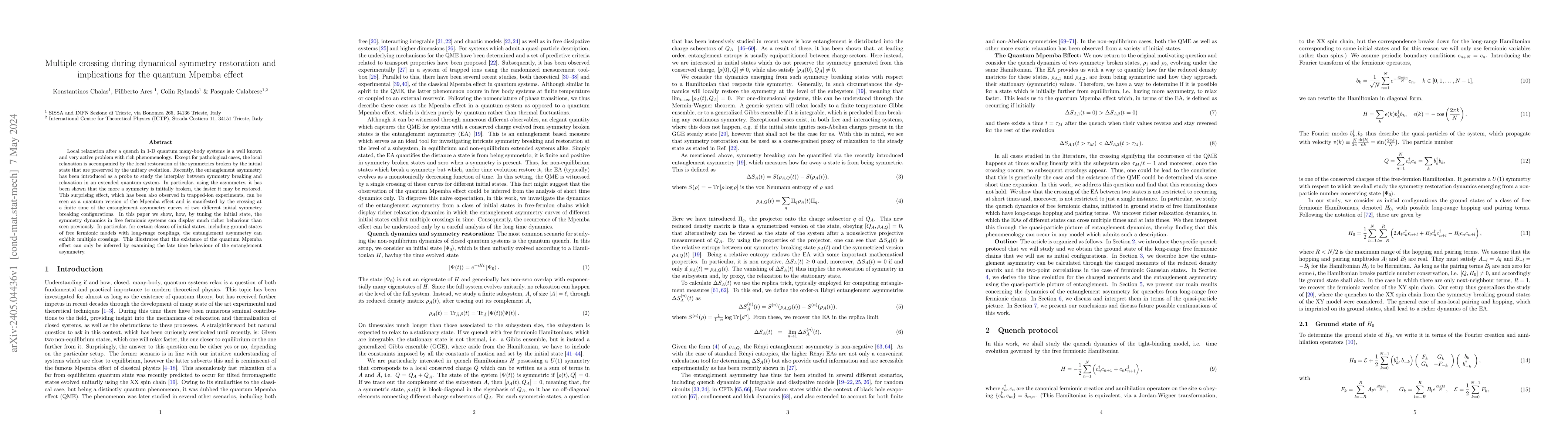 Thumbnail for Multiple crossing during dynamical symmetry restoration and implications
  for the quantum Mpemba effect