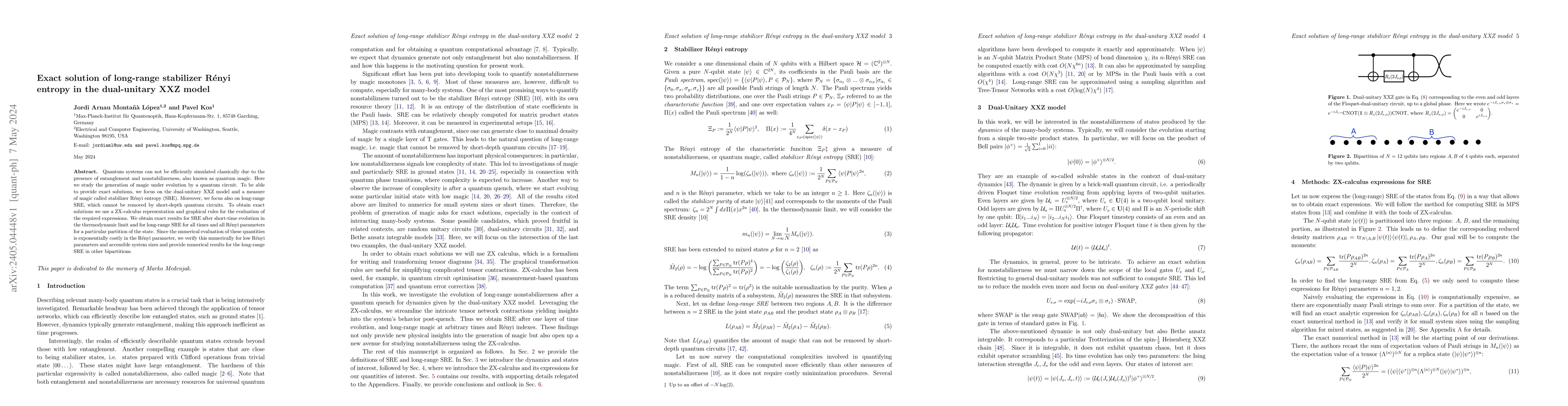 Thumbnail for Exact solution of long-range stabilizer R\'enyi entropy in the
  dual-unitary XXZ model