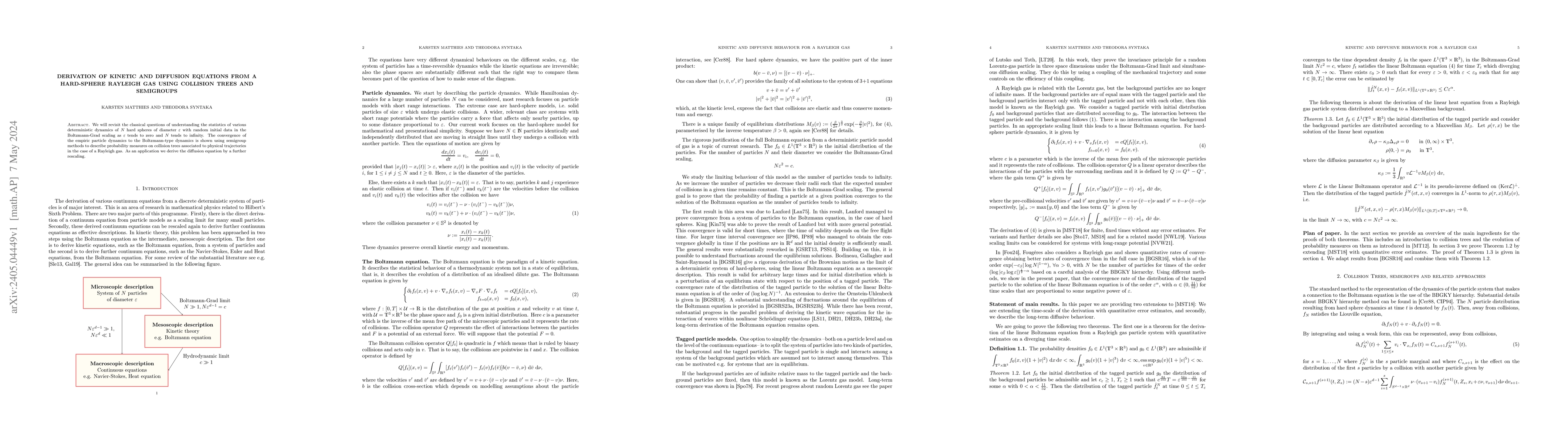 Thumbnail for Derivation of kinetic and diffusion equations from a hard-sphere
  Rayleigh gas using collision trees and semigroups