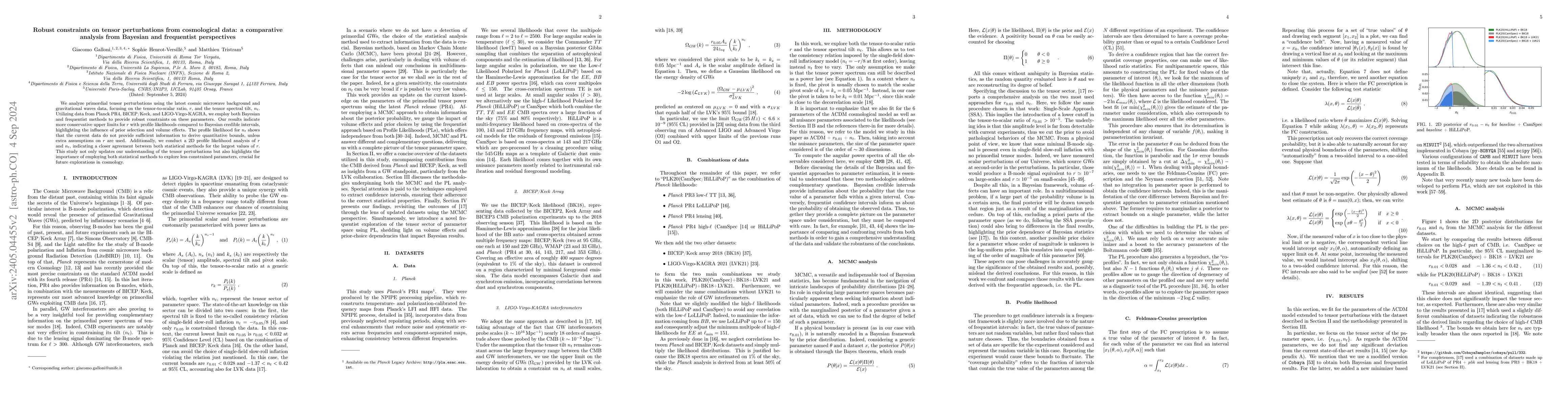 Thumbnail for Robust constraints on tensor perturbations from cosmological data: a
  comparative analysis from Bayesian and frequentist perspectives