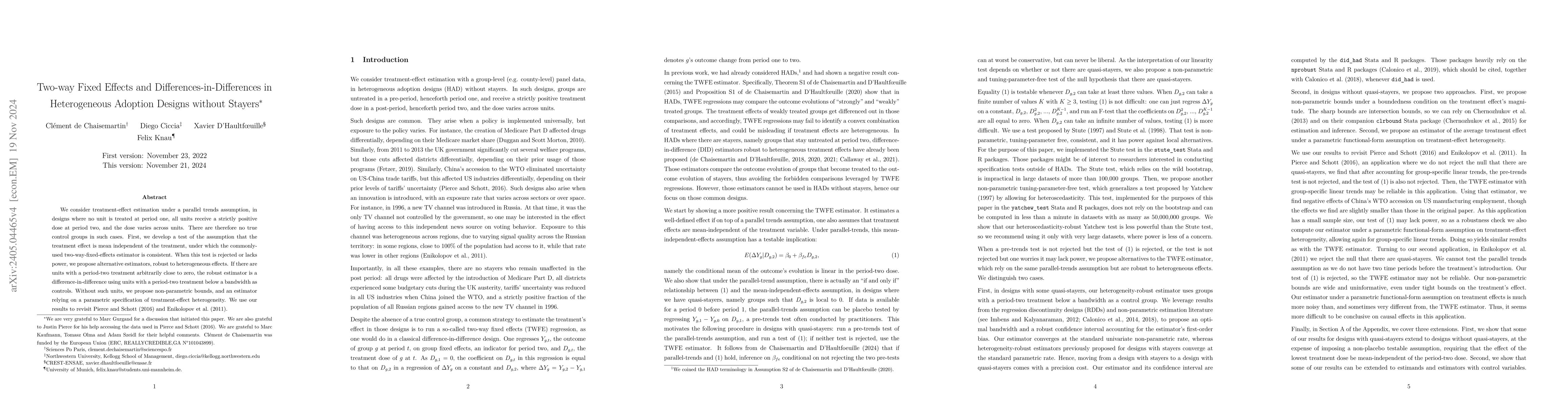 Thumbnail for Two-way Fixed Effects and Differences-in-Differences Estimators in
  Heterogeneous Adoption Designs