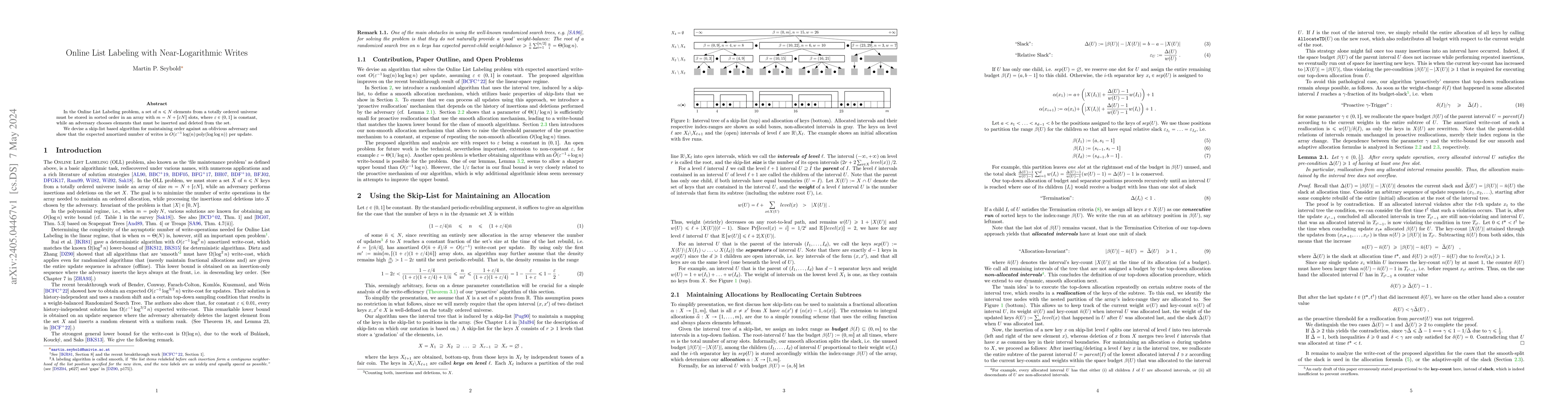 Thumbnail for Online List Labeling with Near-Logarithmic Writes