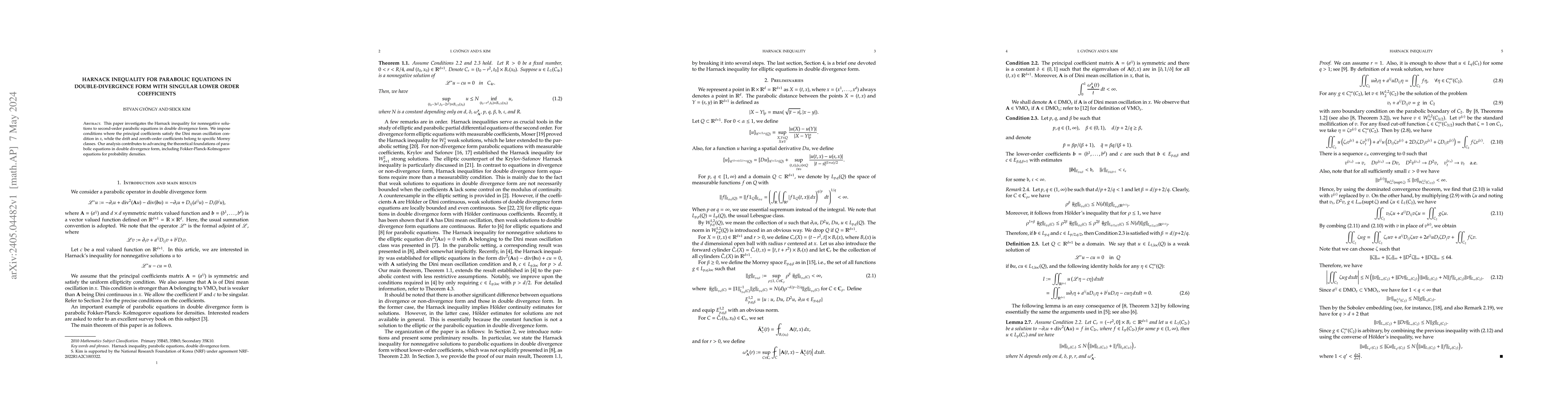 Thumbnail for Harnack inequality for parabolic equations in double-divergence form
  with singular lower order coefficients