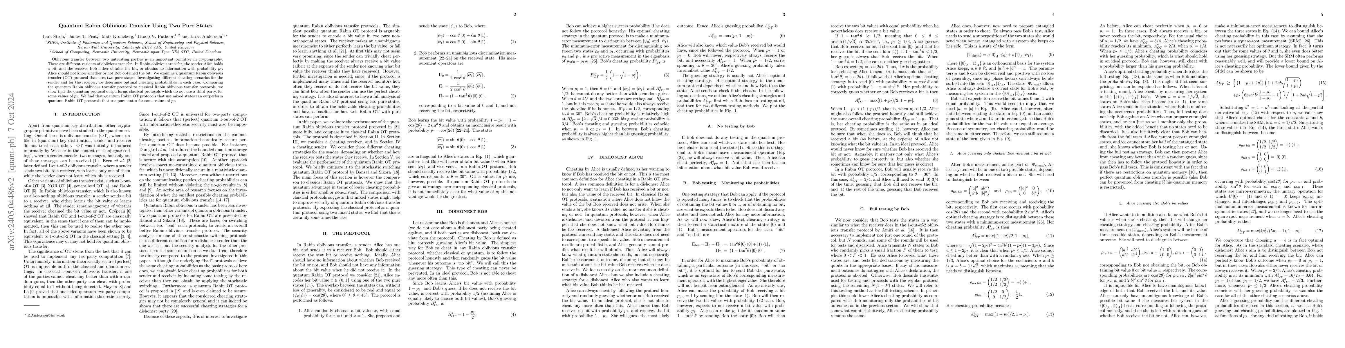 Thumbnail for Quantum Rabin oblivious transfer using two pure states