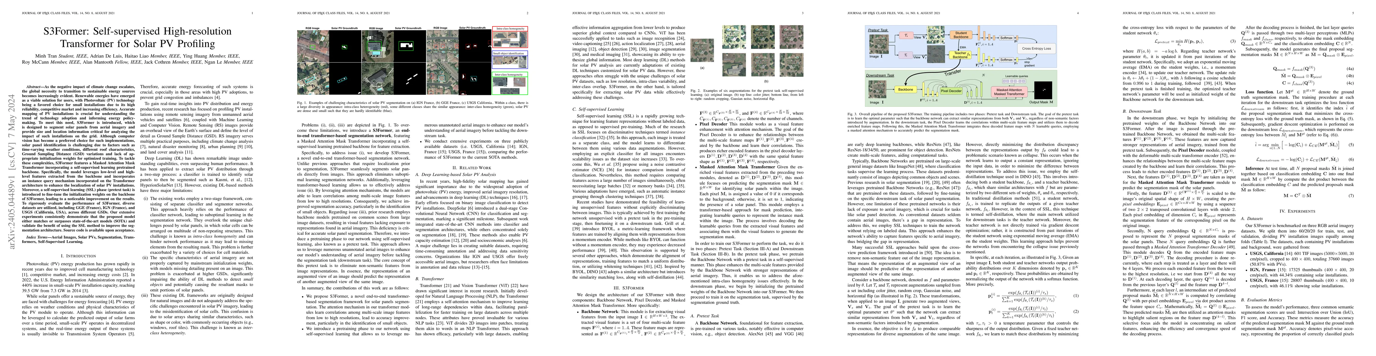 Thumbnail for S3Former: Self-supervised High-resolution Transformer for Solar PV
  Profiling