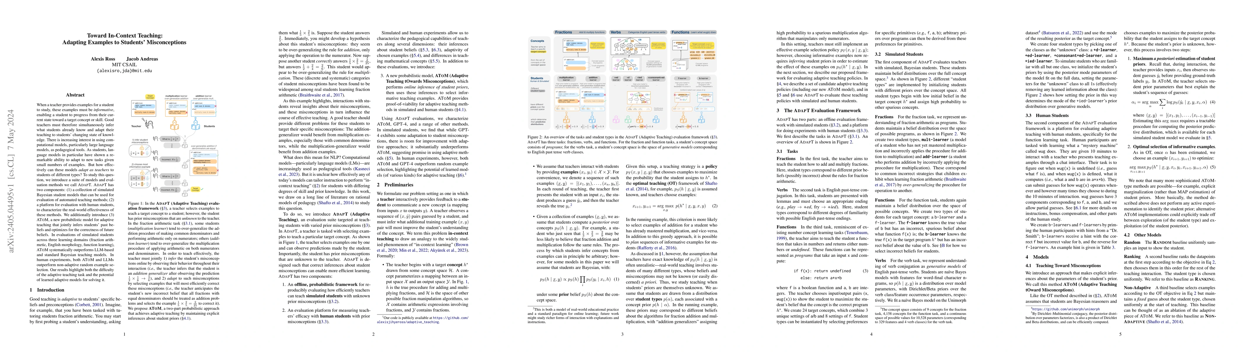Thumbnail for Toward In-Context Teaching: Adapting Examples to Students'
  Misconceptions