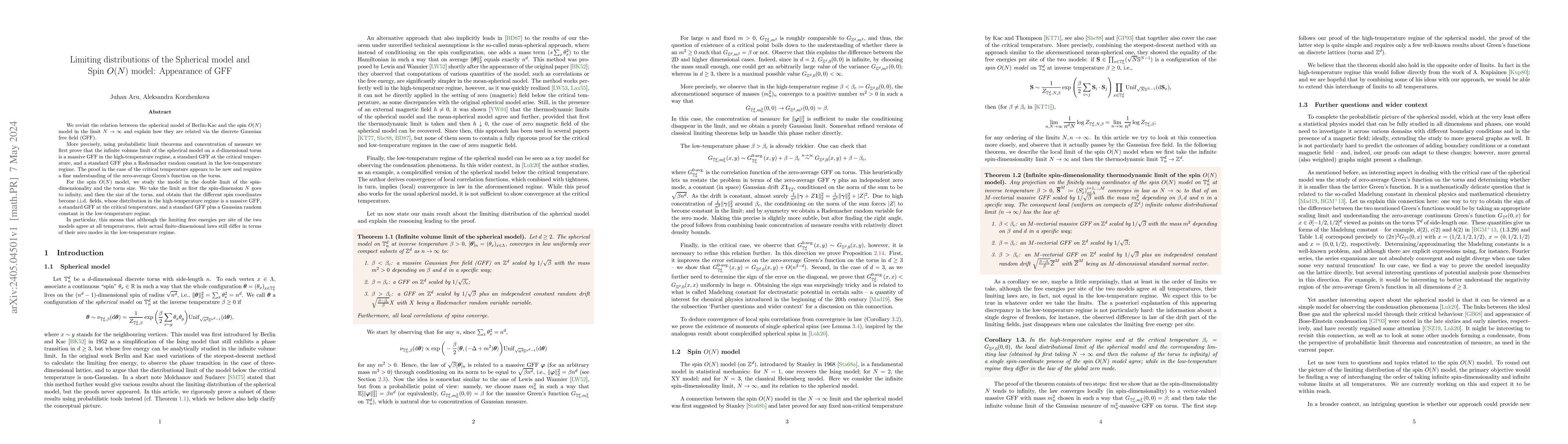 Thumbnail for Limiting distributions of the Spherical model and Spin $O(N)$ model:
  Appearance of GFF