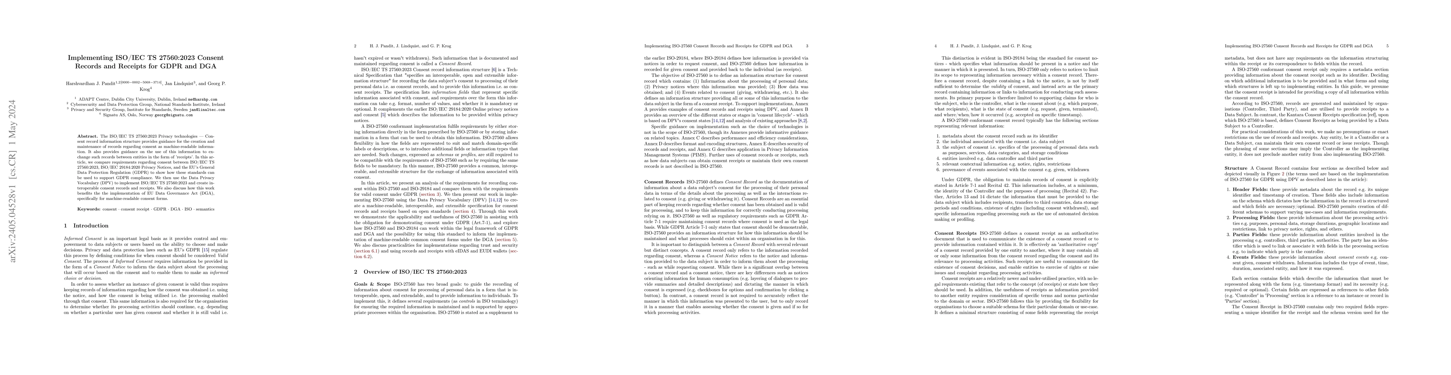Thumbnail for Implementing ISO/IEC TS 27560:2023 Consent Records and Receipts for GDPR
  and DGA