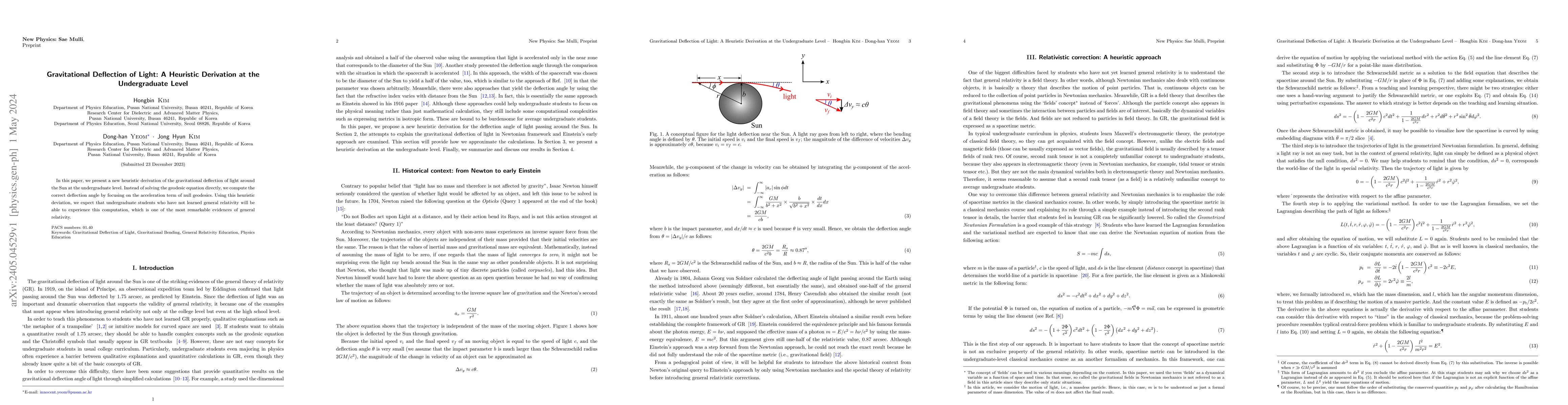 Thumbnail for Gravitational Deflection of Light: A Heuristic Derivation at the
  Undergraduate Level