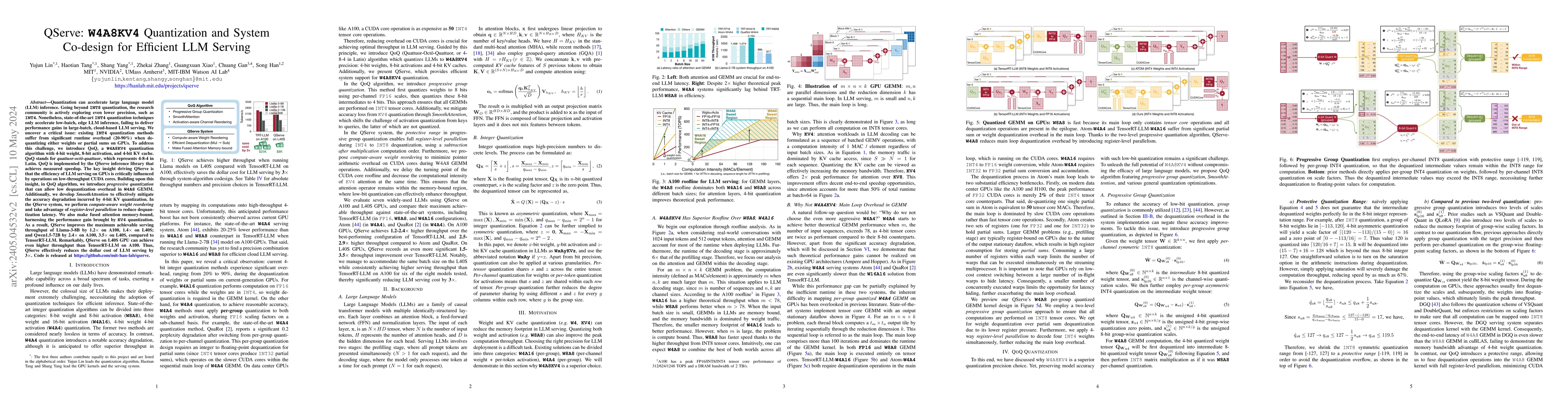 Thumbnail for QServe: W4A8KV4 Quantization and System Co-design for Efficient LLM
  Serving