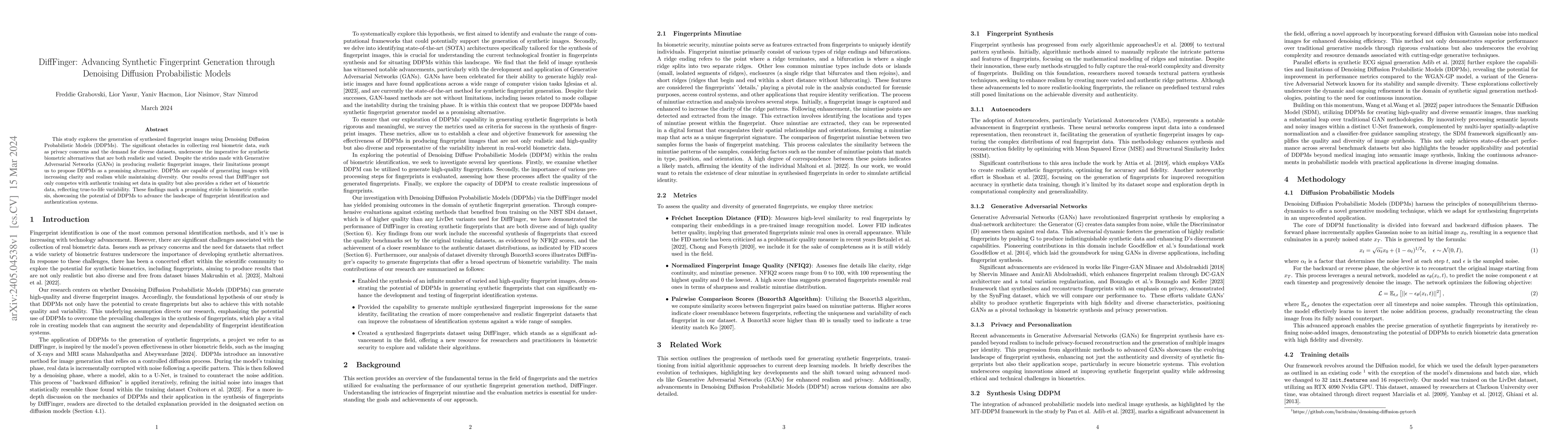 Thumbnail for DiffFinger: Advancing Synthetic Fingerprint Generation through Denoising
  Diffusion Probabilistic Models