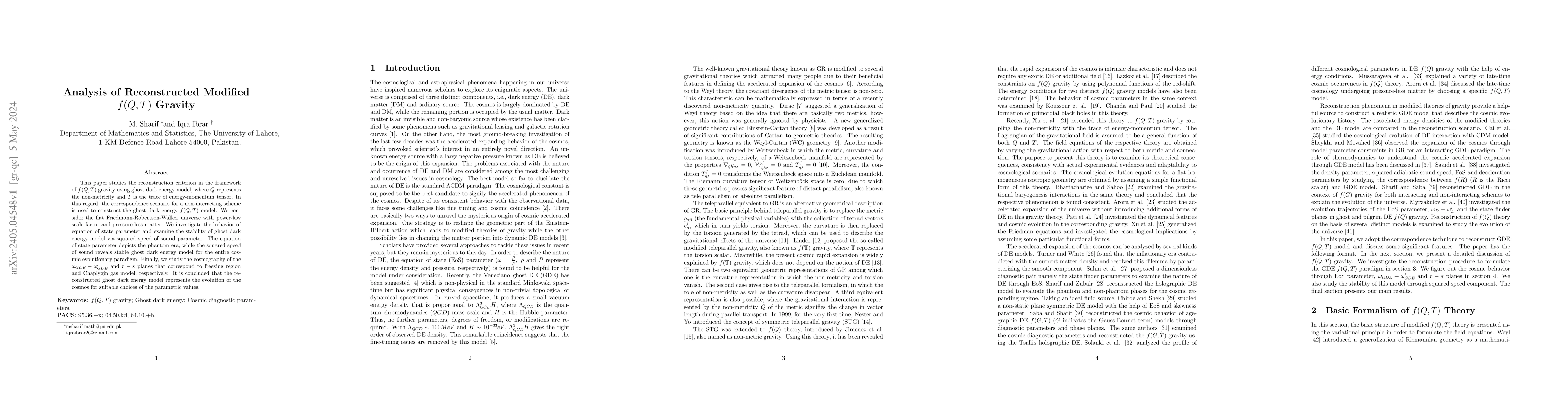 Thumbnail for Analysis of Reconstructed Modified f(Q,T) Gravity