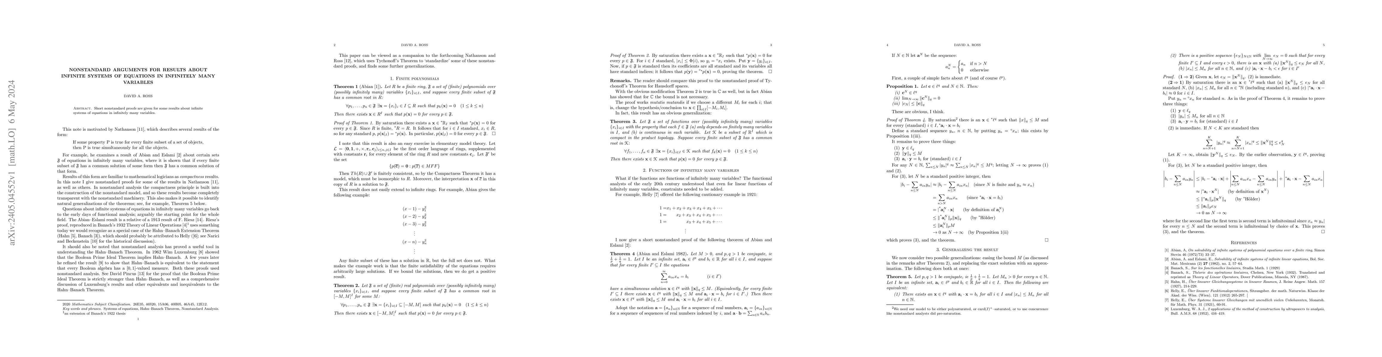 Thumbnail for Nonstandard arguments for results about infinite systems of equations in
  infinitely many variables