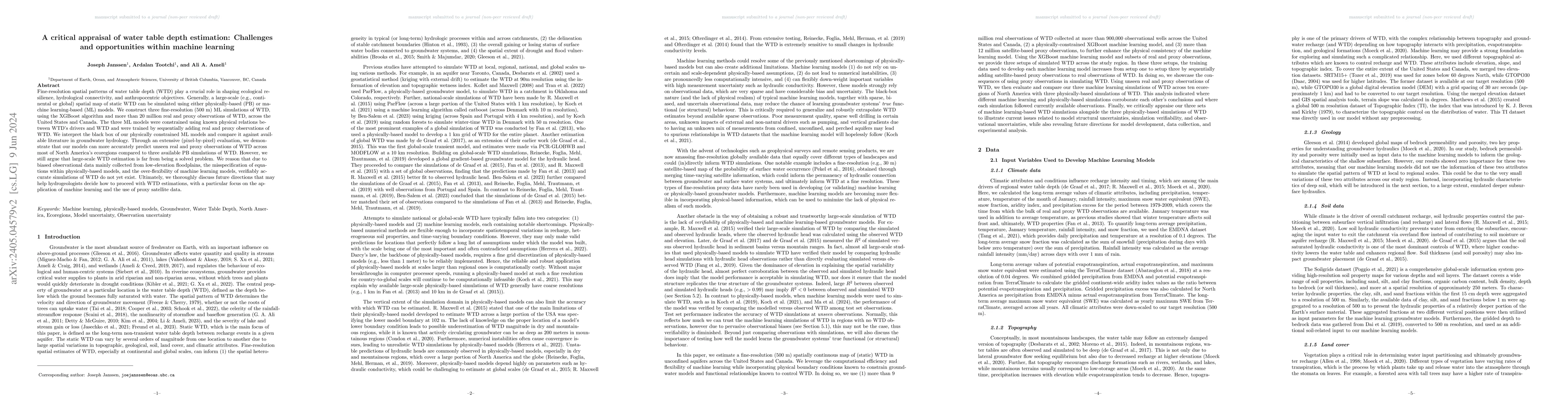Thumbnail for A critical appraisal of water table depth estimation: Challenges and
  opportunities within machine learning