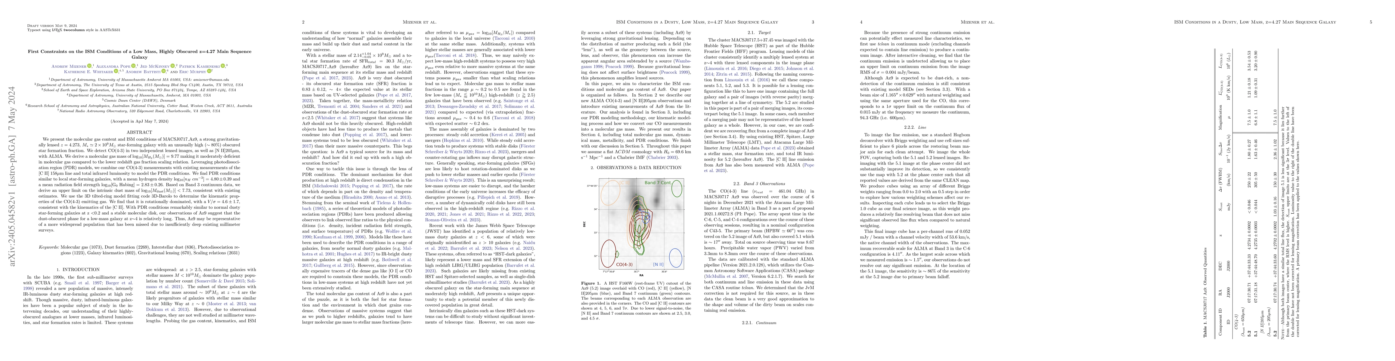 Thumbnail for First Constraints on the ISM Conditions of a Low Mass, Highly Obscured
  z=4.27 Main Sequence Galaxy
