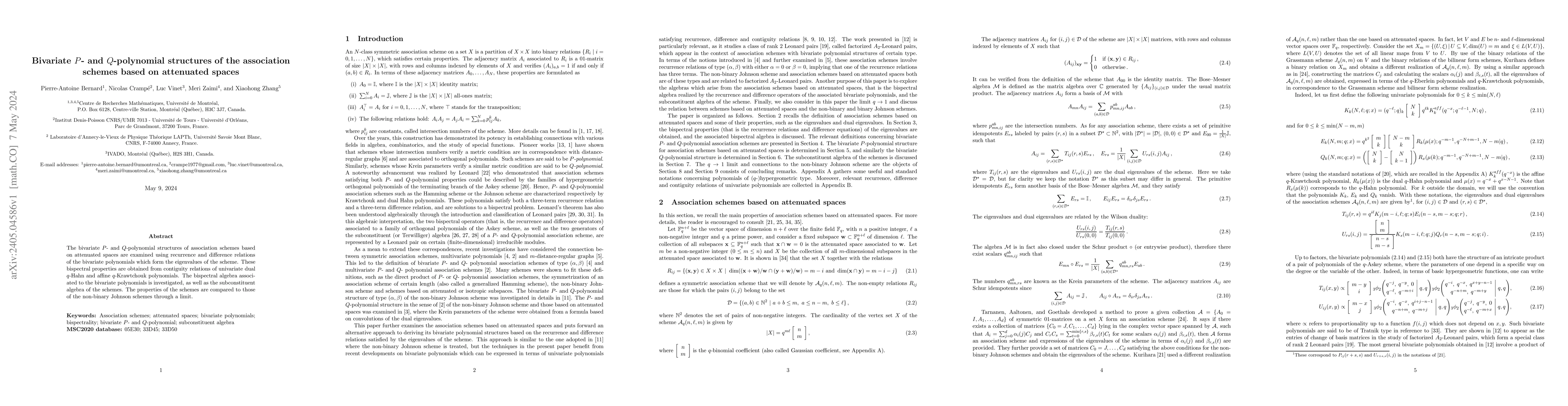 Thumbnail for Bivariate $P$- and $Q$-polynomial structures of the association schemes
  based on attenuated spaces