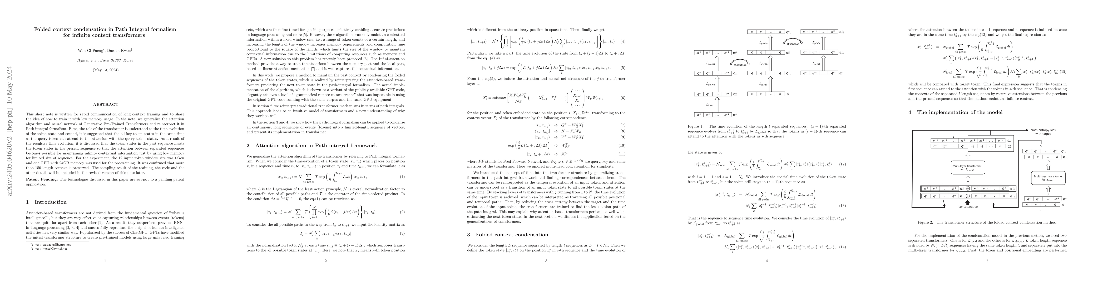 Thumbnail for Folded context condensation in Path Integral formalism for infinite
  context transformers