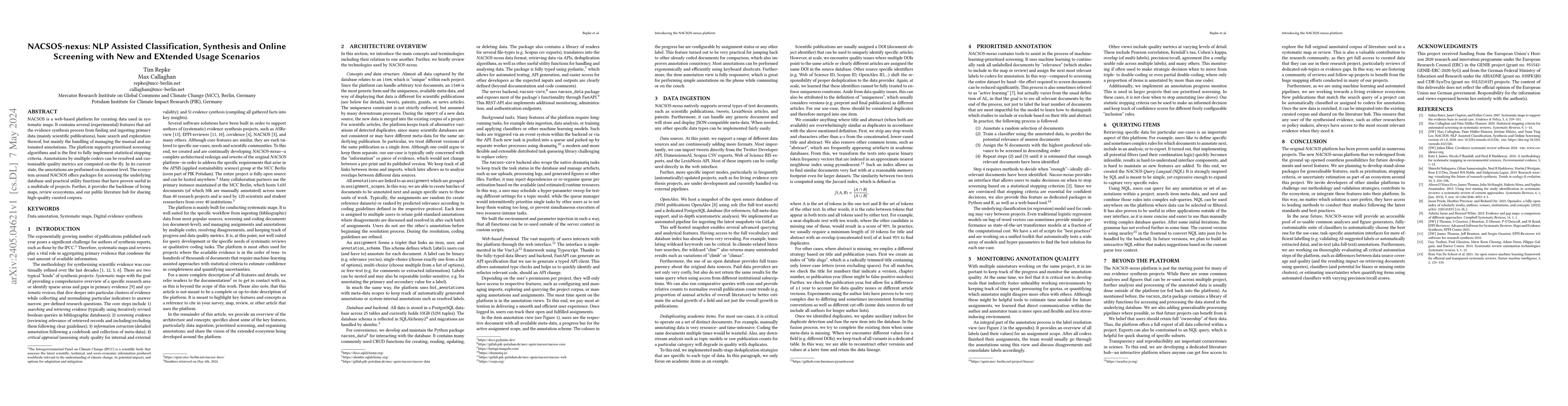 Thumbnail for NACSOS-nexus: NLP Assisted Classification, Synthesis and Online
  Screening with New and EXtended Usage Scenarios