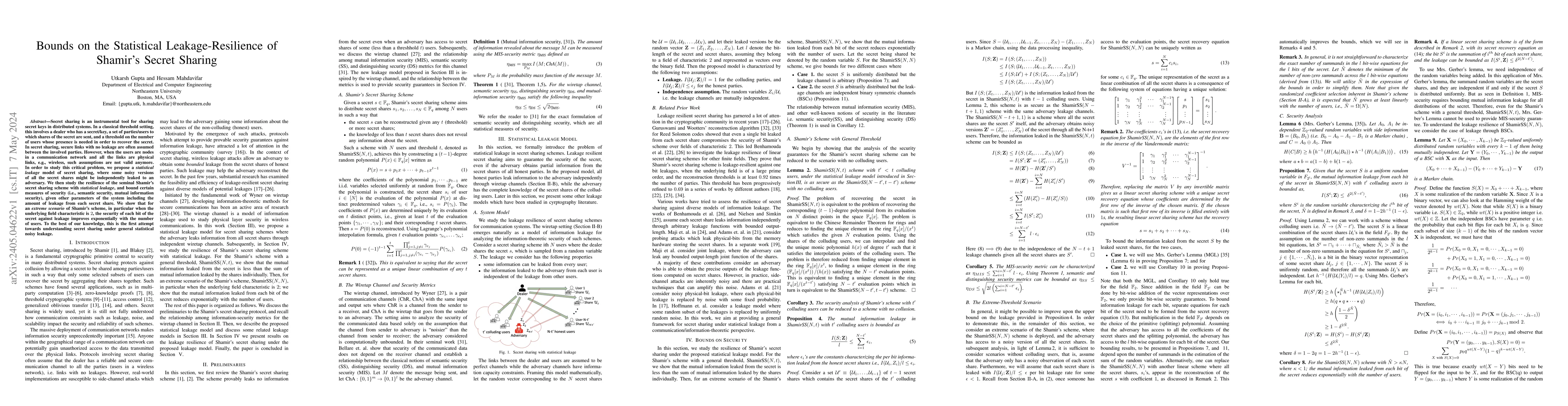 Thumbnail for Bounds on the Statistical Leakage-Resilience of Shamir's Secret Sharing